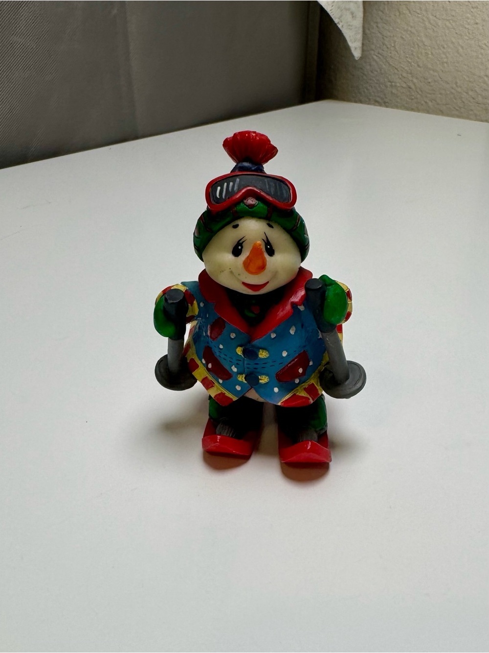 Colorful Red & Green Ski Snowman Resin Figurine
